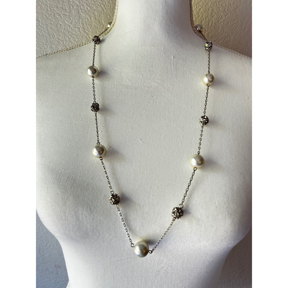 Faux Pearl Rhinestone Pave Ball Station Necklace Silver Tone Long Adjustable‎